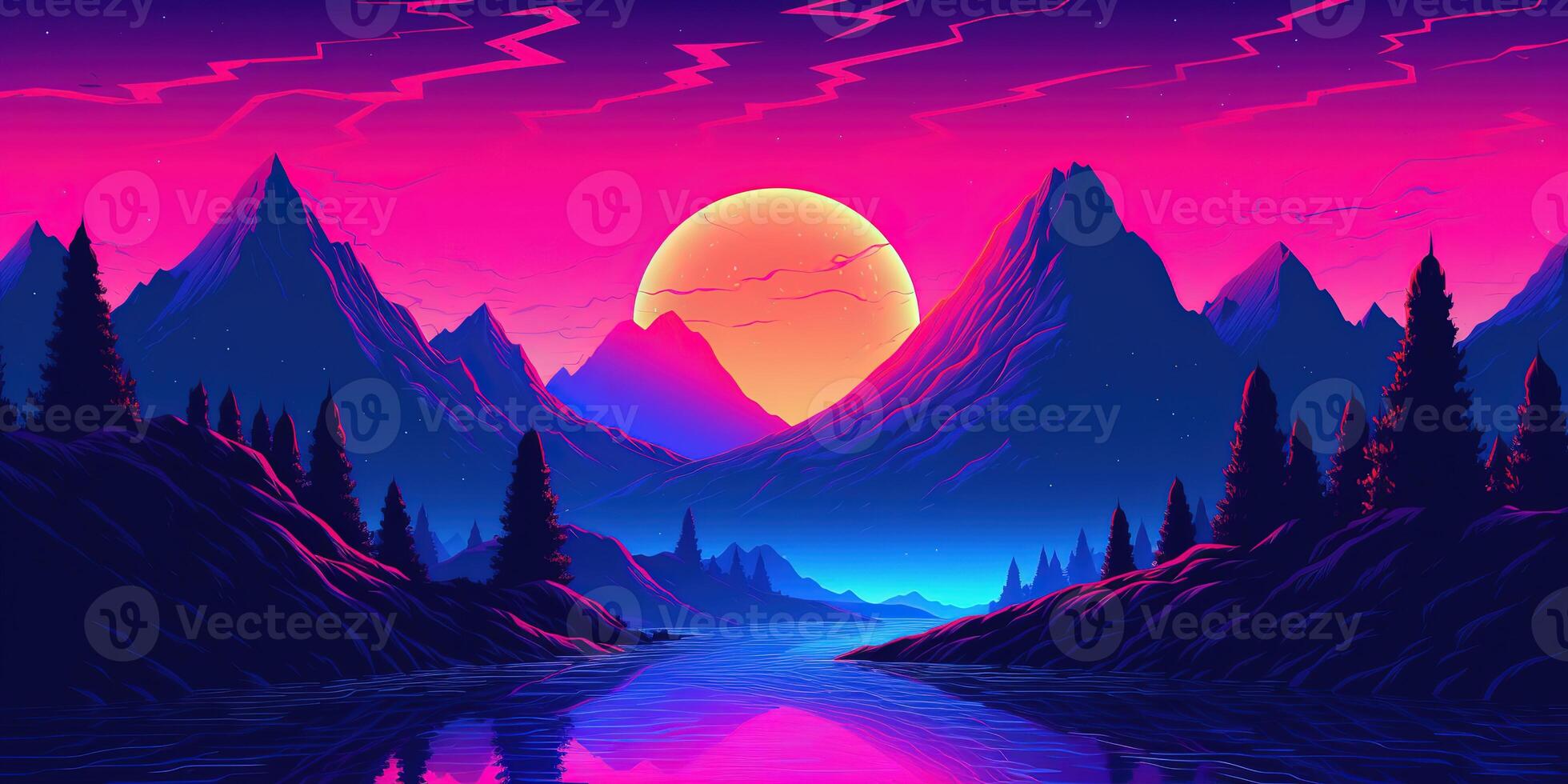 estetisk berg synthwave retrowave tapet med en Häftigt och vibrerande neon design, ai genererad foto