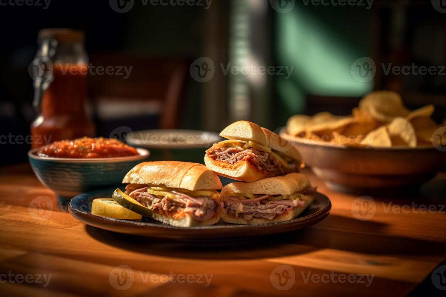 två kuban smörgåsar Sammanträde på en trä- tabell nära en kopp av tomat sås och grönsaker på de sida, låg-vinkel skott, ai genererad foto