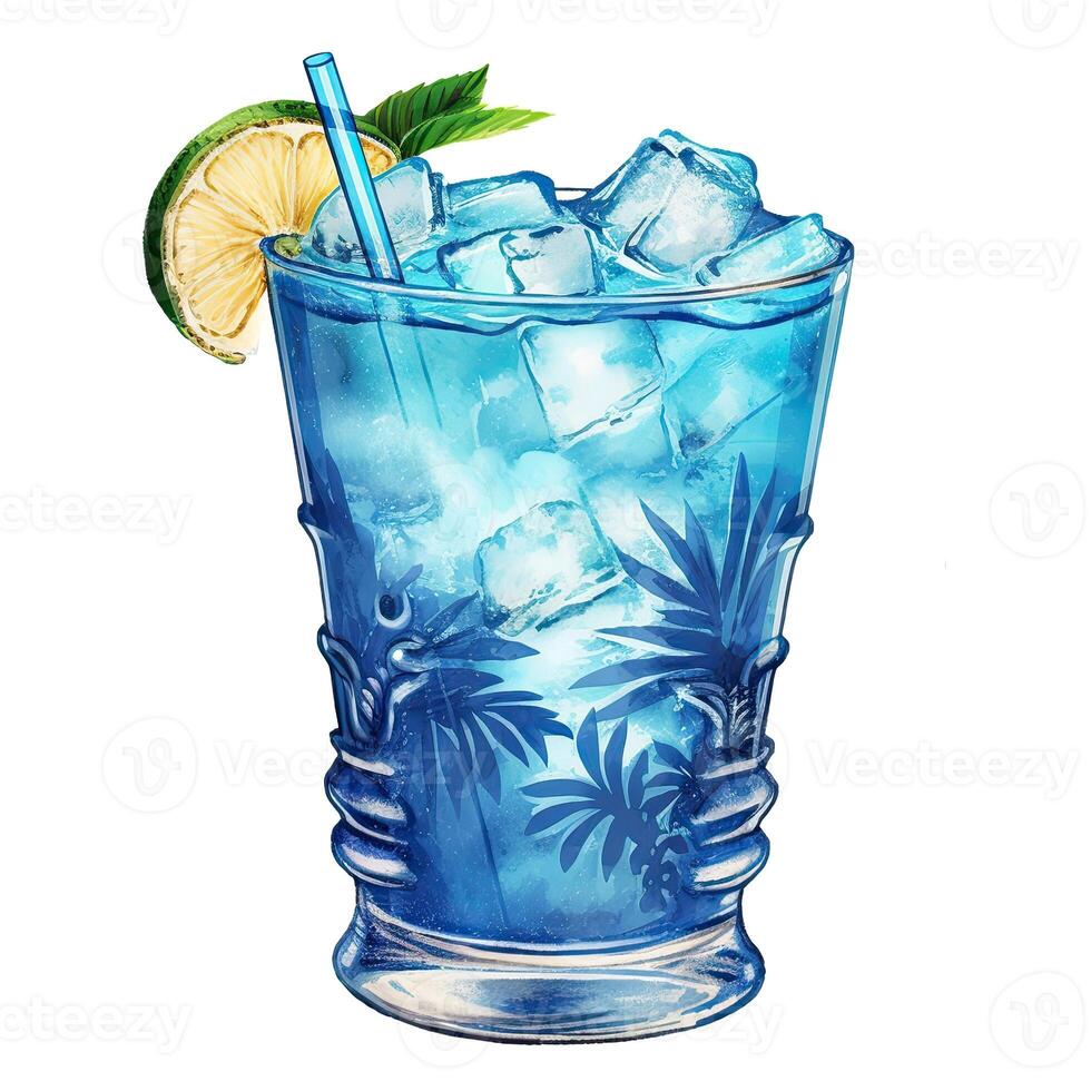 vattenfärg cocktail blå hawaii på en vit bakgrund. generativ ai foto