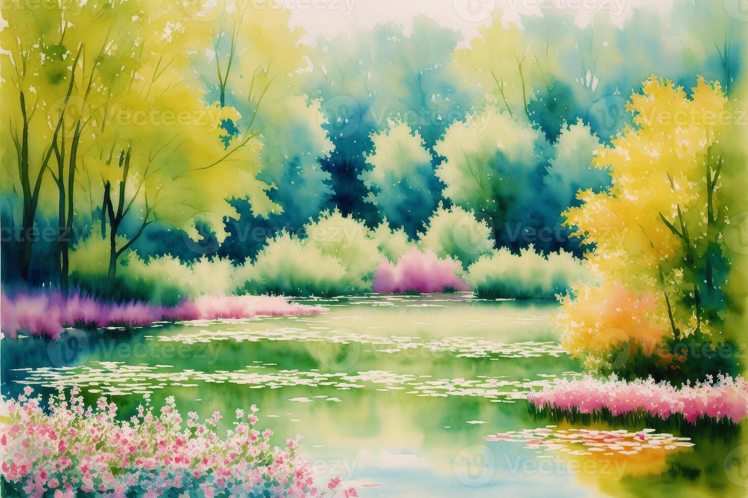 lugn sommar landskap. en vattenfärg målning av parkera, sjö, fält och flod. generativ ai foto