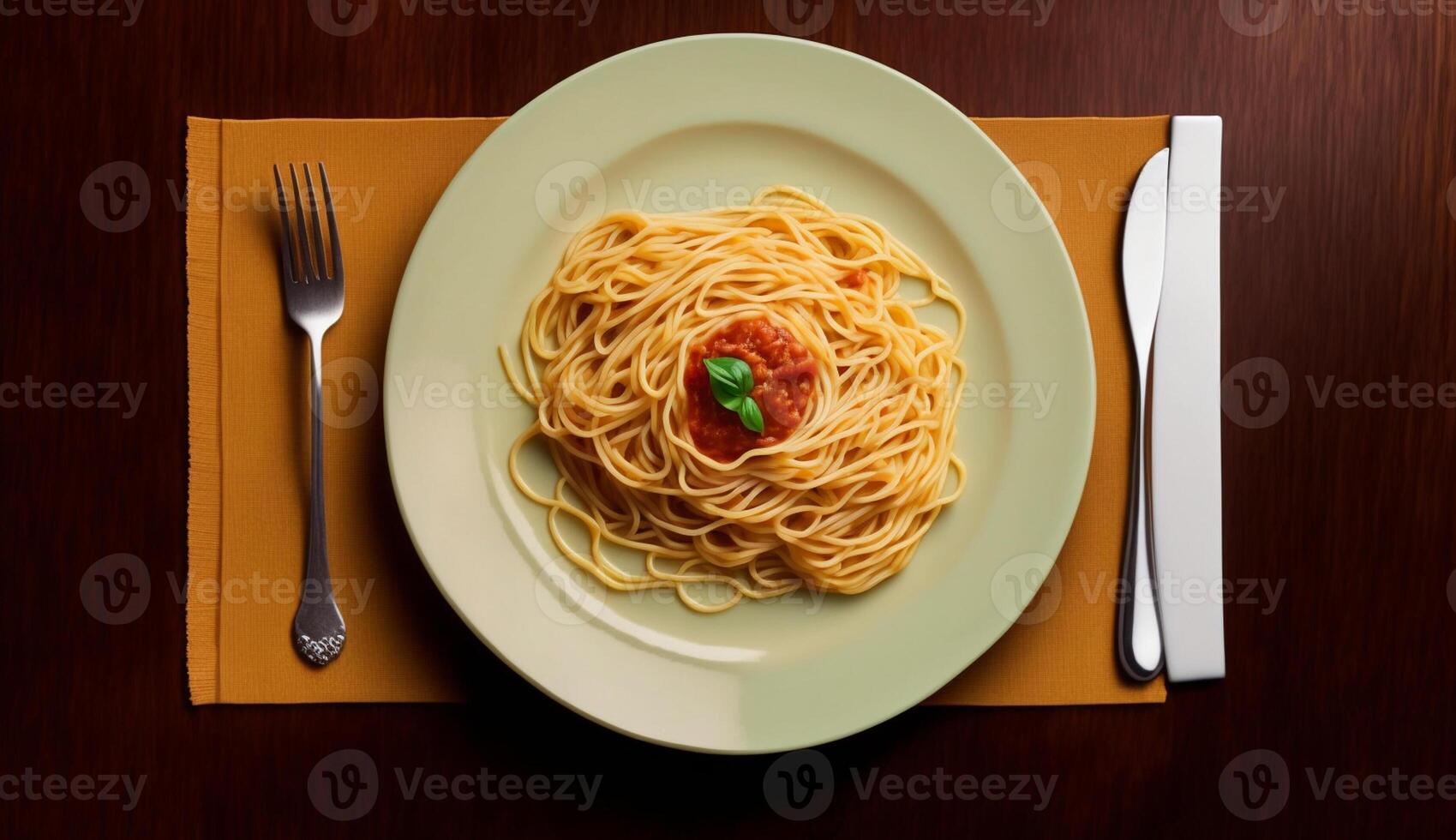 topp se av spaghetti pasta med tomat sås och basilika på trä- tabell bakgrund, generativ ai foto