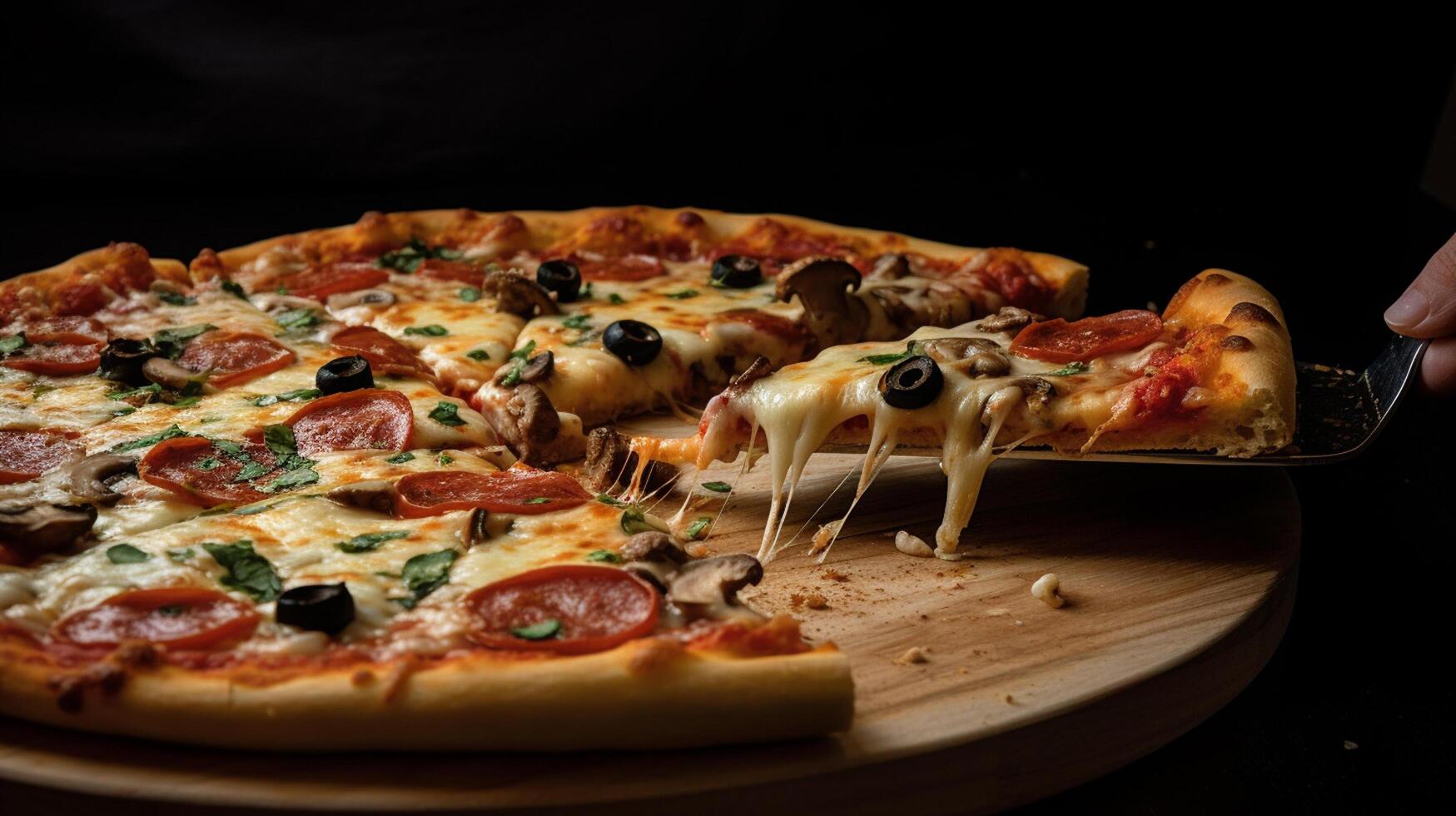 pepperoni pizza på en trä- styrelse, närbild, generativ ai foto