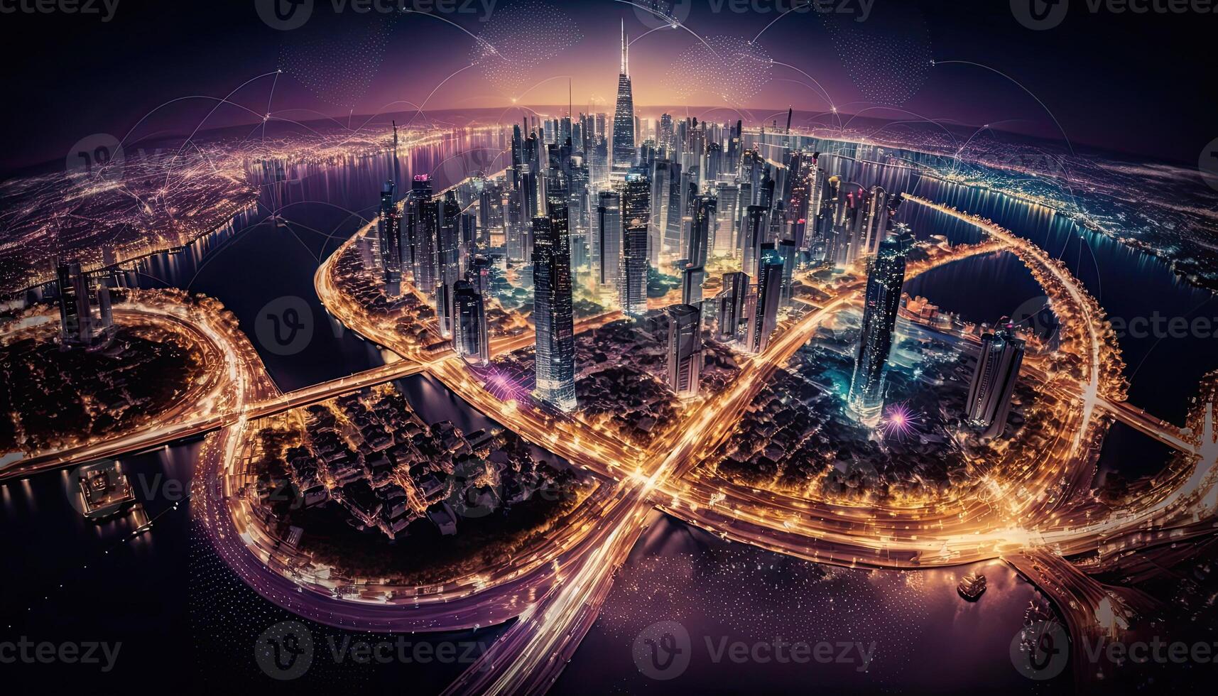 panorama antenn se av futuristisk smart stad nätverk förbindelse över natt infrastruktur gata. generativ ai digital illustration. foto