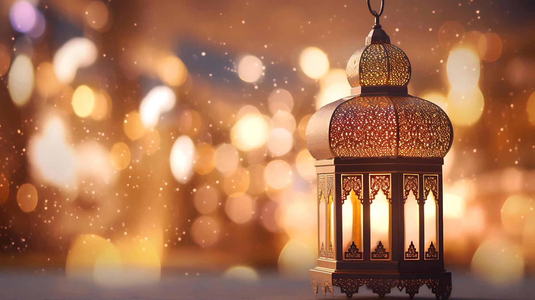 dekorativ arabicum lykta på natt. festlig hälsning kort, inbjudan för muslim helig månad ramadan kareem, eid al adha, skapas använder sig av generativ ai teknologi foto