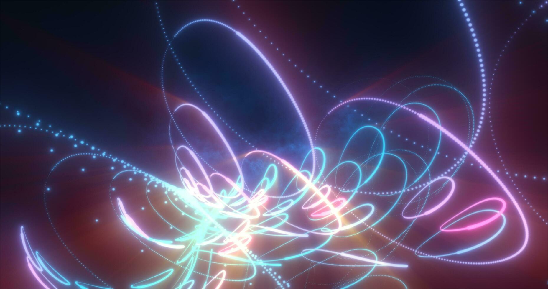 abstrakt flerfärgad lysande neon rader och energi laser cirklar flygande på en svart bakgrund foto