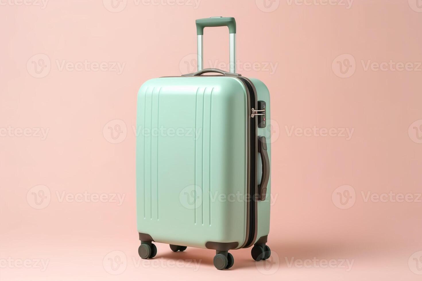 resväska på en pastell bakgrund. resa och semester begrepp i tredubblar. ai generativ foto