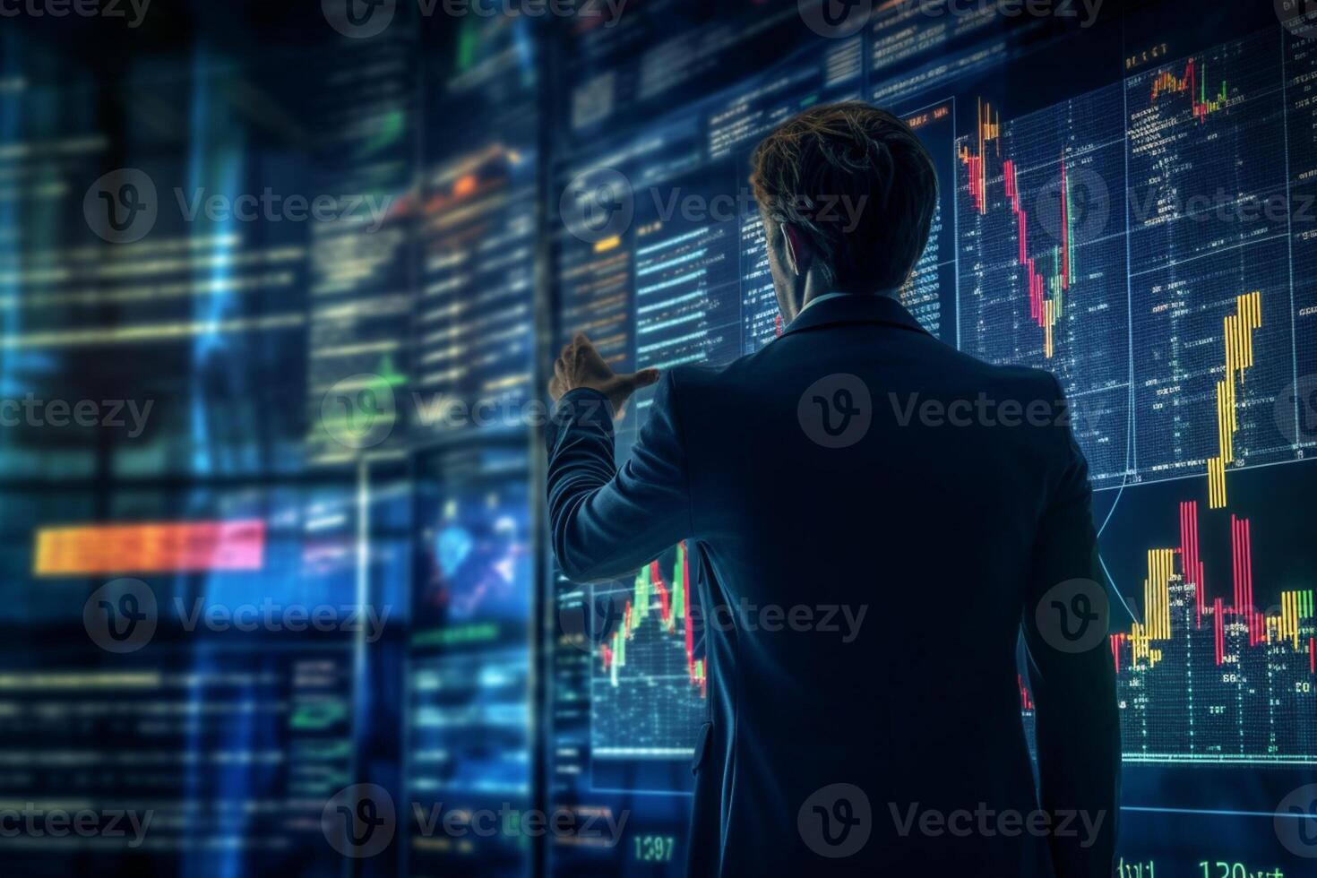 investering stock marknadsföra begrepp, stock investerare affärsman rörande virtuell skärm Diagram. ai generativ foto