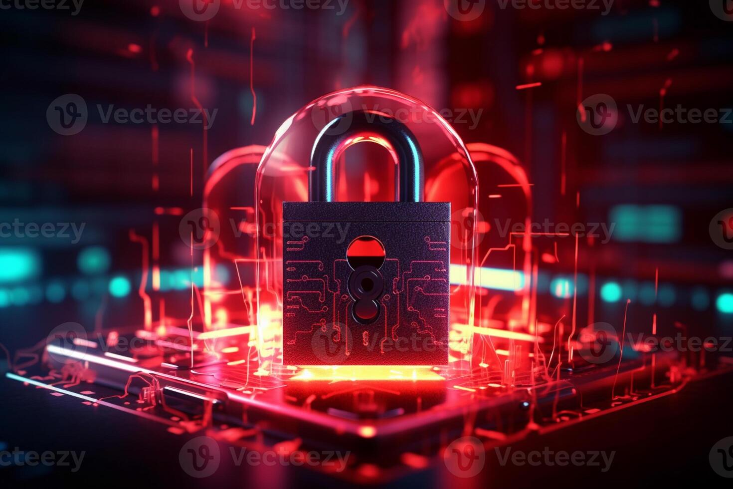 illustration av cyber säkerhet med hög tech hänglås skyddande bärbar dator dator i hd 3d och elektronisk uppkopplad information symbol grafisk. ai generativ foto
