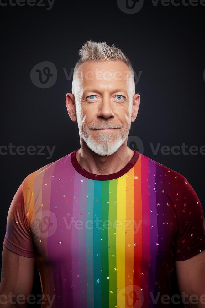 främre se av Gay man 50s muskulös, klädd regnbåge tee skjorta midja upp se isolerat på svart bakgrund studio porträtt, ai genererad foto