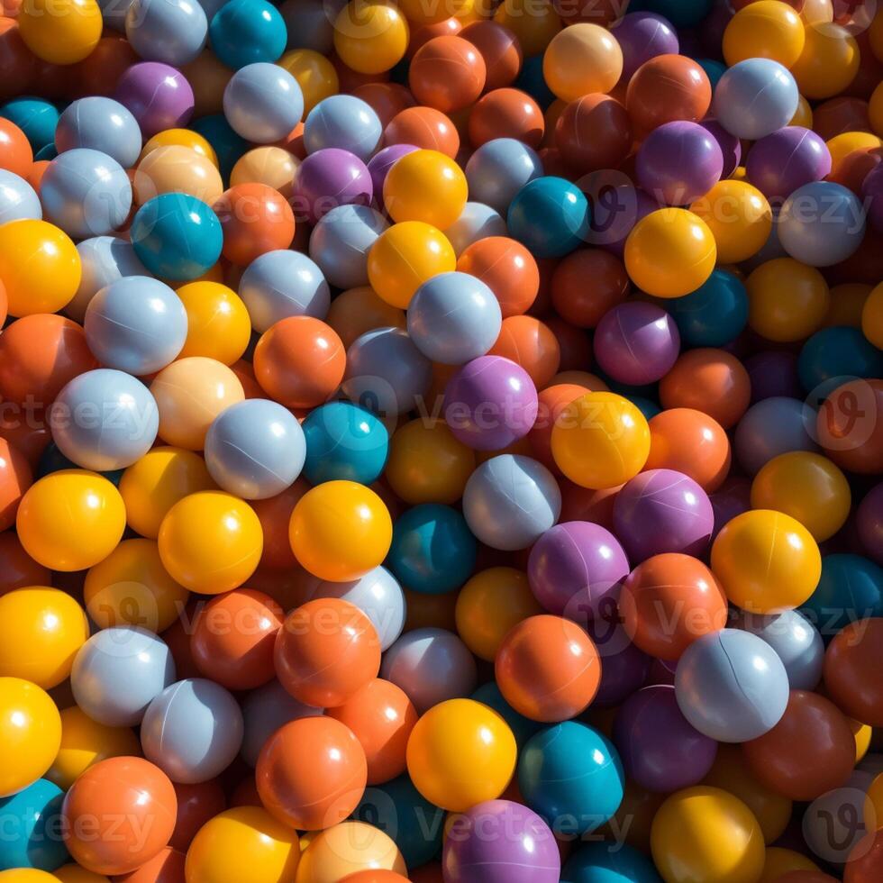 barns plast bollar på de lekplats, runda ballonger i regnbåge ljus färger. generativ ai. foto