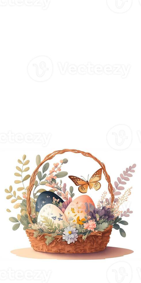 illustration av söt fjäril karaktär med påsk ägg blommig korg och kopia Plats. Lycklig påsk dag begrepp. foto