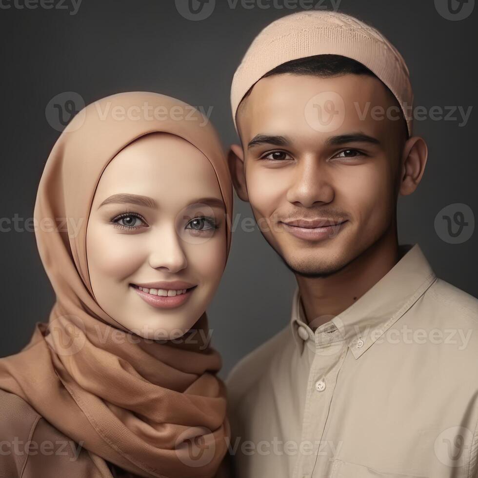 realistisk porträtt av ung muslim blond par tillsammans, faktisk bild, generativ ai. foto