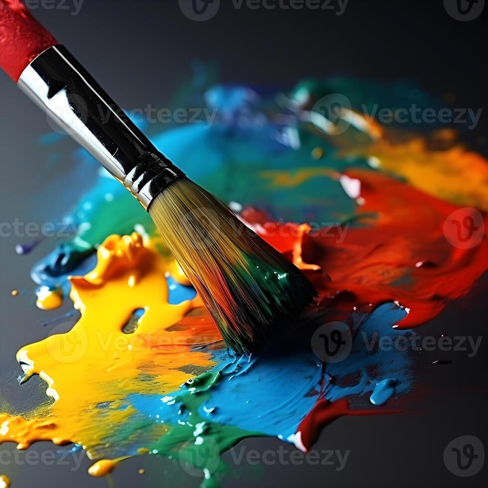 en fantastisk närbild av en paintbrush med vibrerande färger på de tips.gjort med generativ ai. foto
