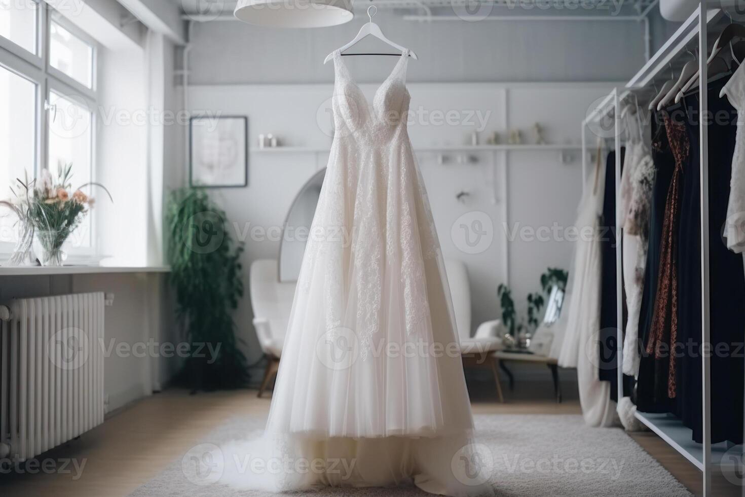 bröllop dag, vit klänning på en galge för de brud generativ ai foto