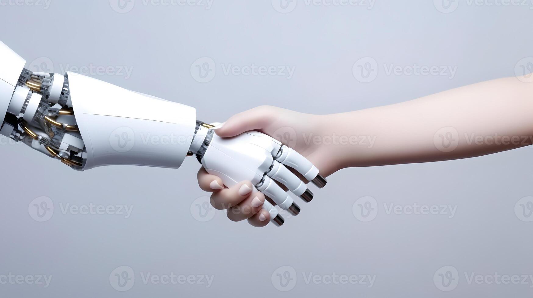 robot och man händer i handslag. ai teknologi utveckling och mänsklig robot relationer. ai genererad bild foto