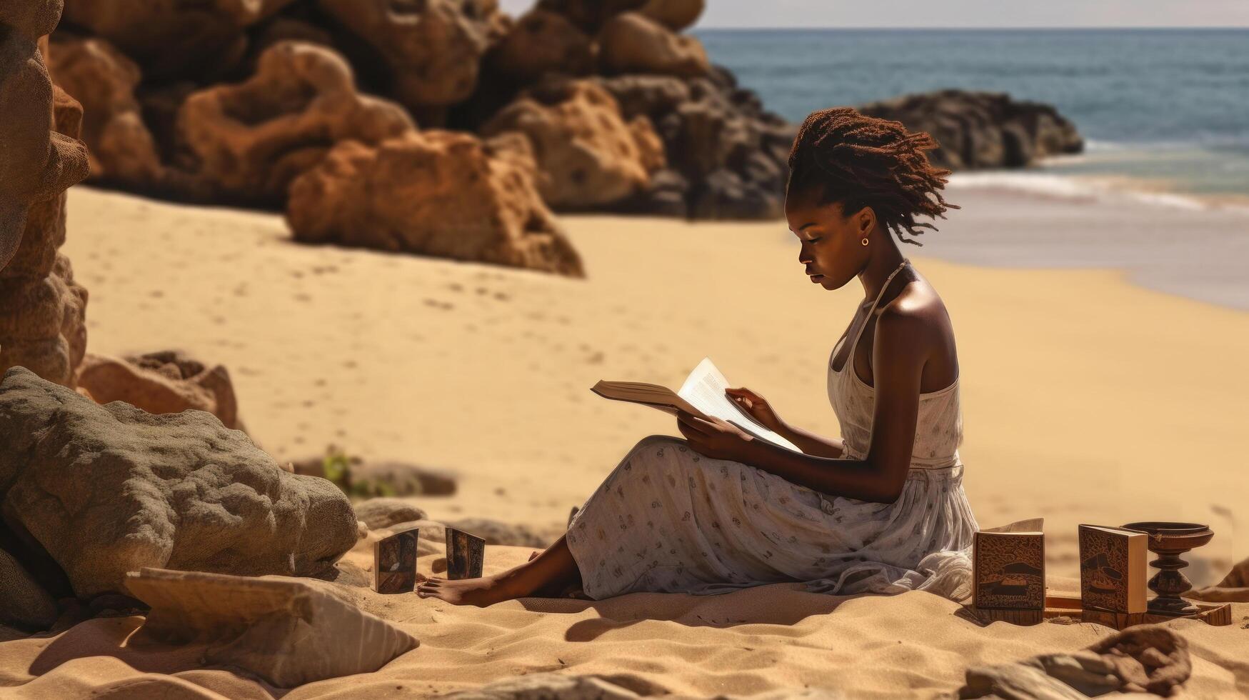 ung afrikansk flicka läser bok på de strand. illustration ai generativ foto