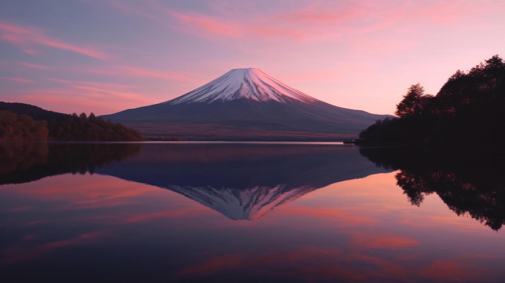 landskap av berg fuji eller fujisan med reflexion på Shoji sjö illustration ai generativ foto