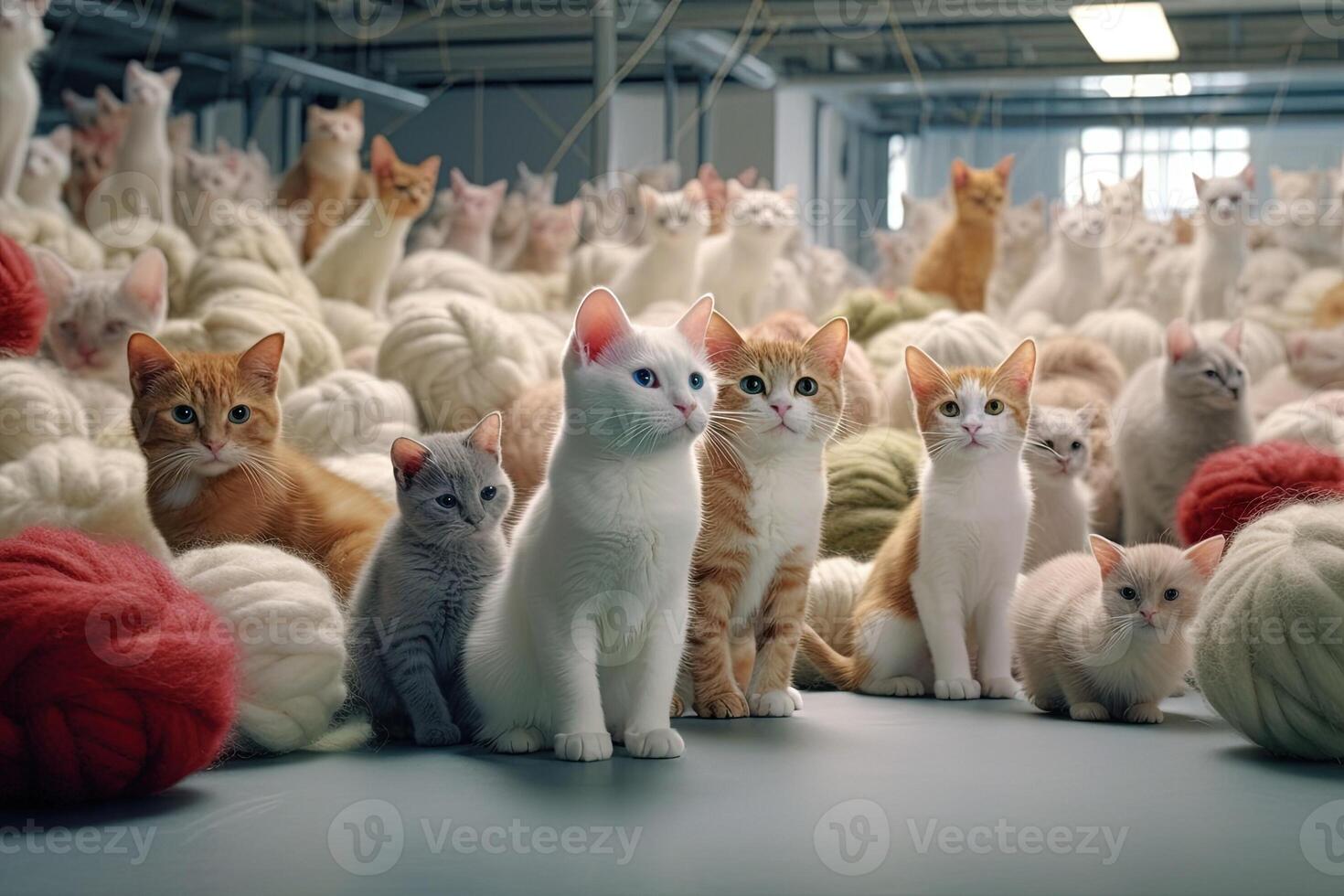 grupp av katter i främre av en massa av bollar av garn inuti hög - tech laboratorium illustration generativ ai foto
