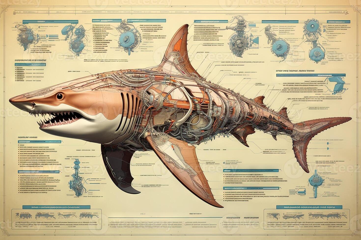 haj cyborg djur- detaljerad infografik, full detaljer anatomi affisch diagram illustration generativ ai foto