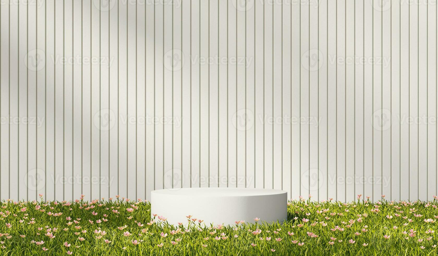 3d tolkning plattform podium med gräs växt produkt presentation bakgrund foto