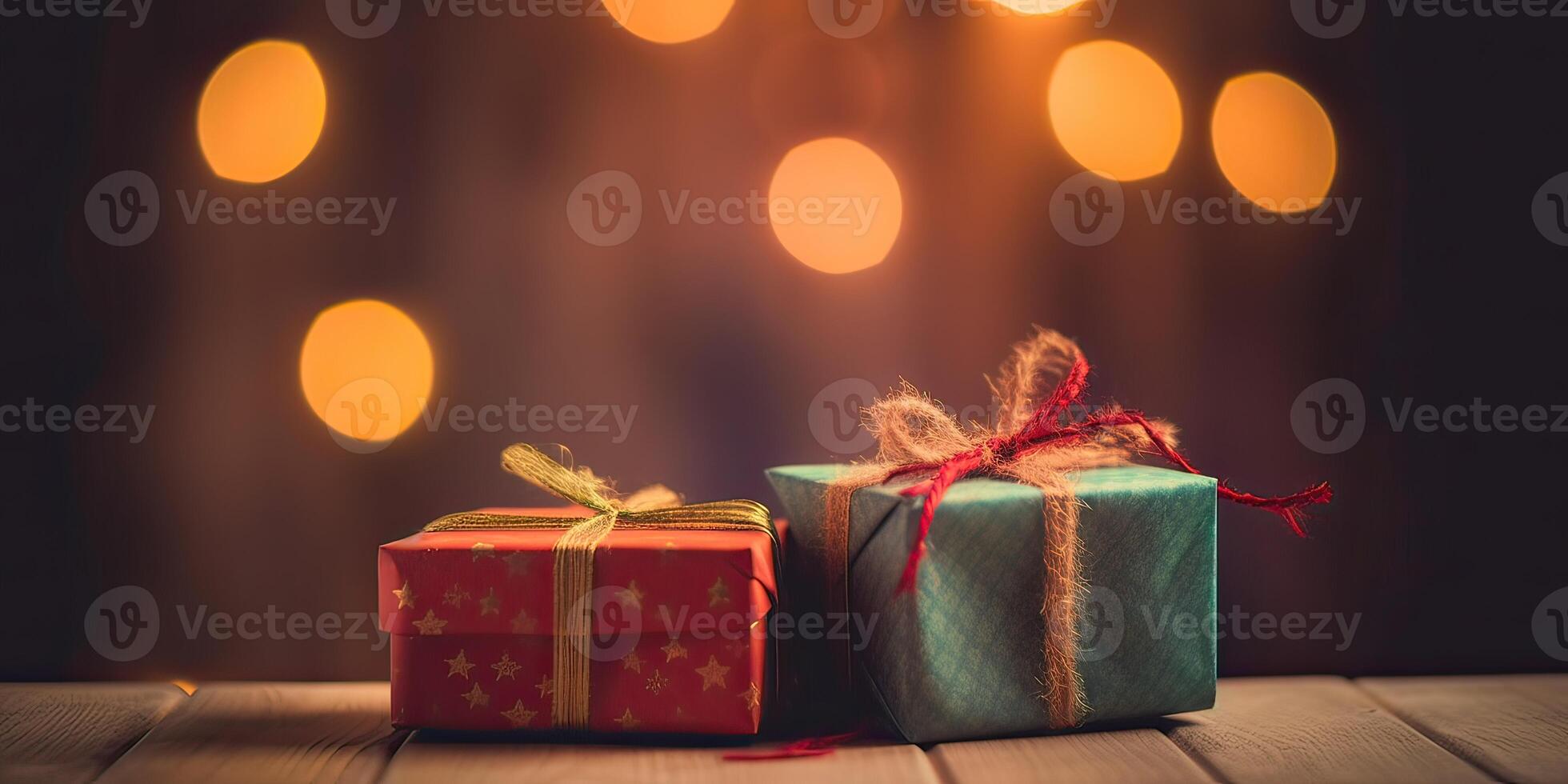 jul presenterar insvept i röd papper med guld band på trä- tabell bakgrund och bokeh. plats för typografi och logotyp. kopia Plats. generativ ai. foto