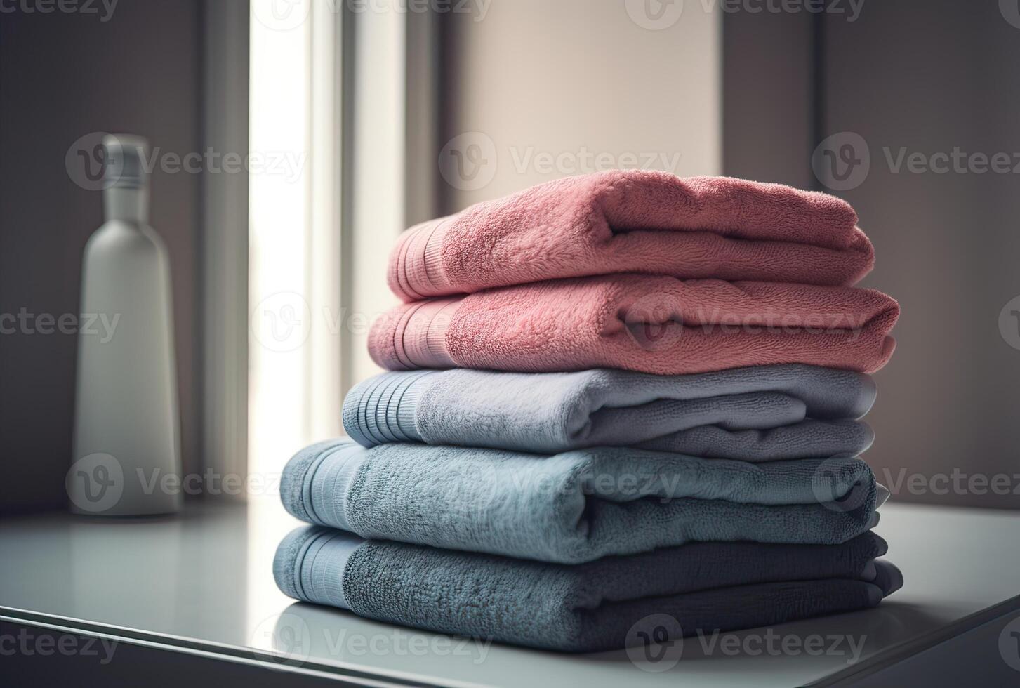 stack av handdukar med en tvål dispenser i en badrum närbild. generativ ai. foto