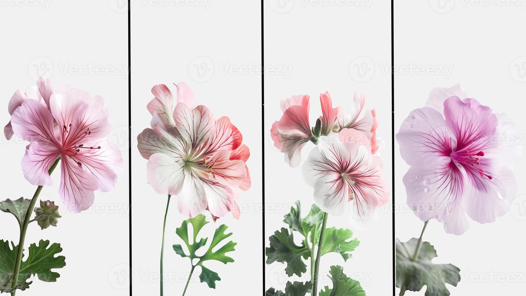 vatten droppar av skön geranios blommor med löv på vit bakgrund i fyra alternativ. mall eller vertikal baner design. generativ ai. foto