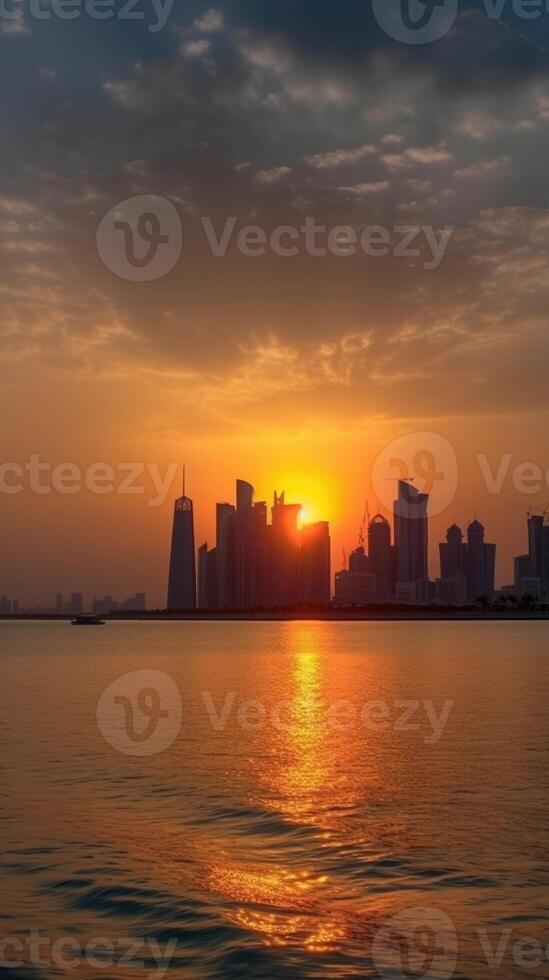 skyskrapor av doha, qatar i främre av de väst bukt under solnedgång eller soluppgång. Fantastisk turist destination, generativ ai teknologi. foto