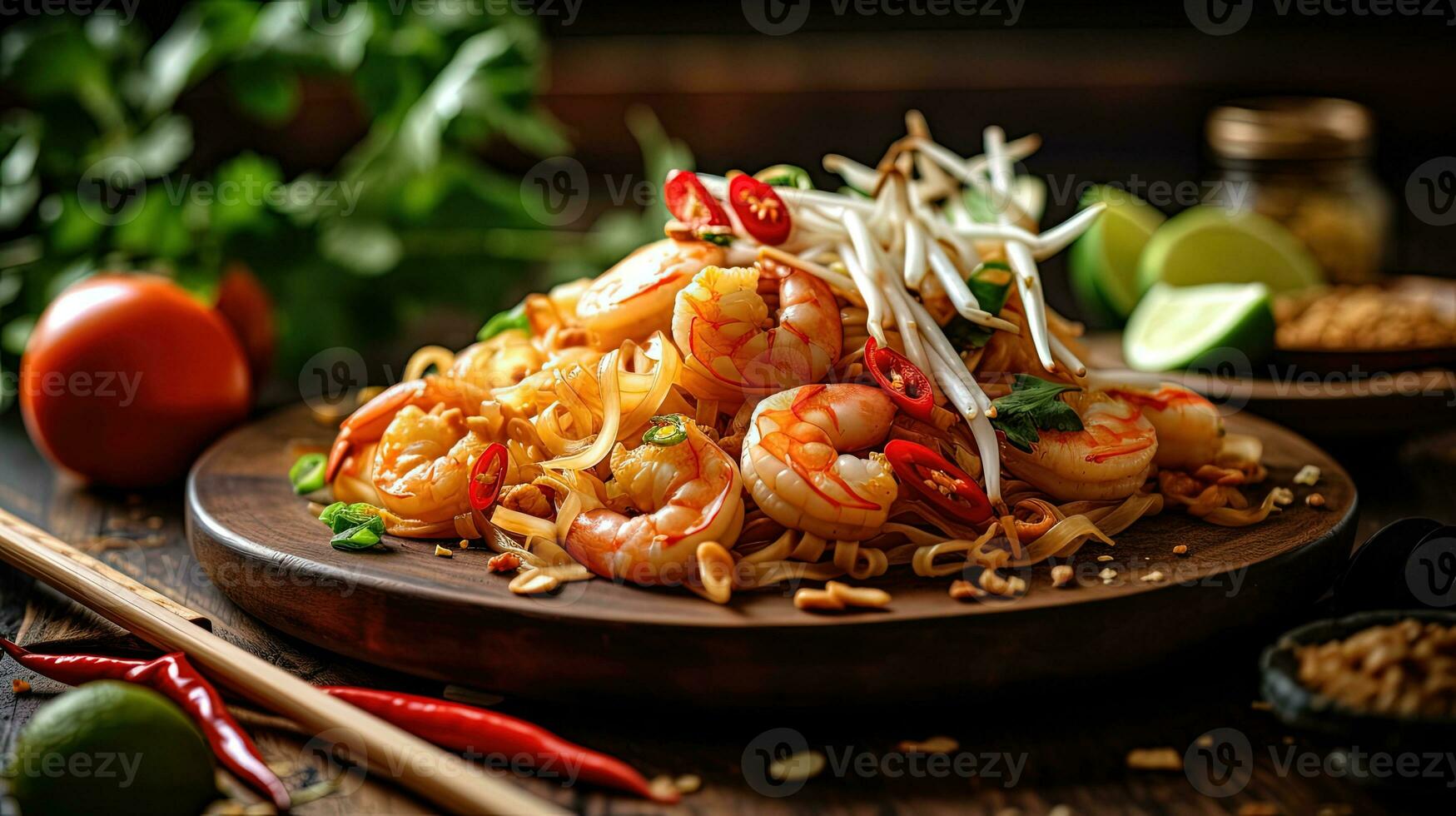 presenter gata mat av gourmet vaddera thai maträtt tallrik, närbild bild. generativ ai teknologi. foto