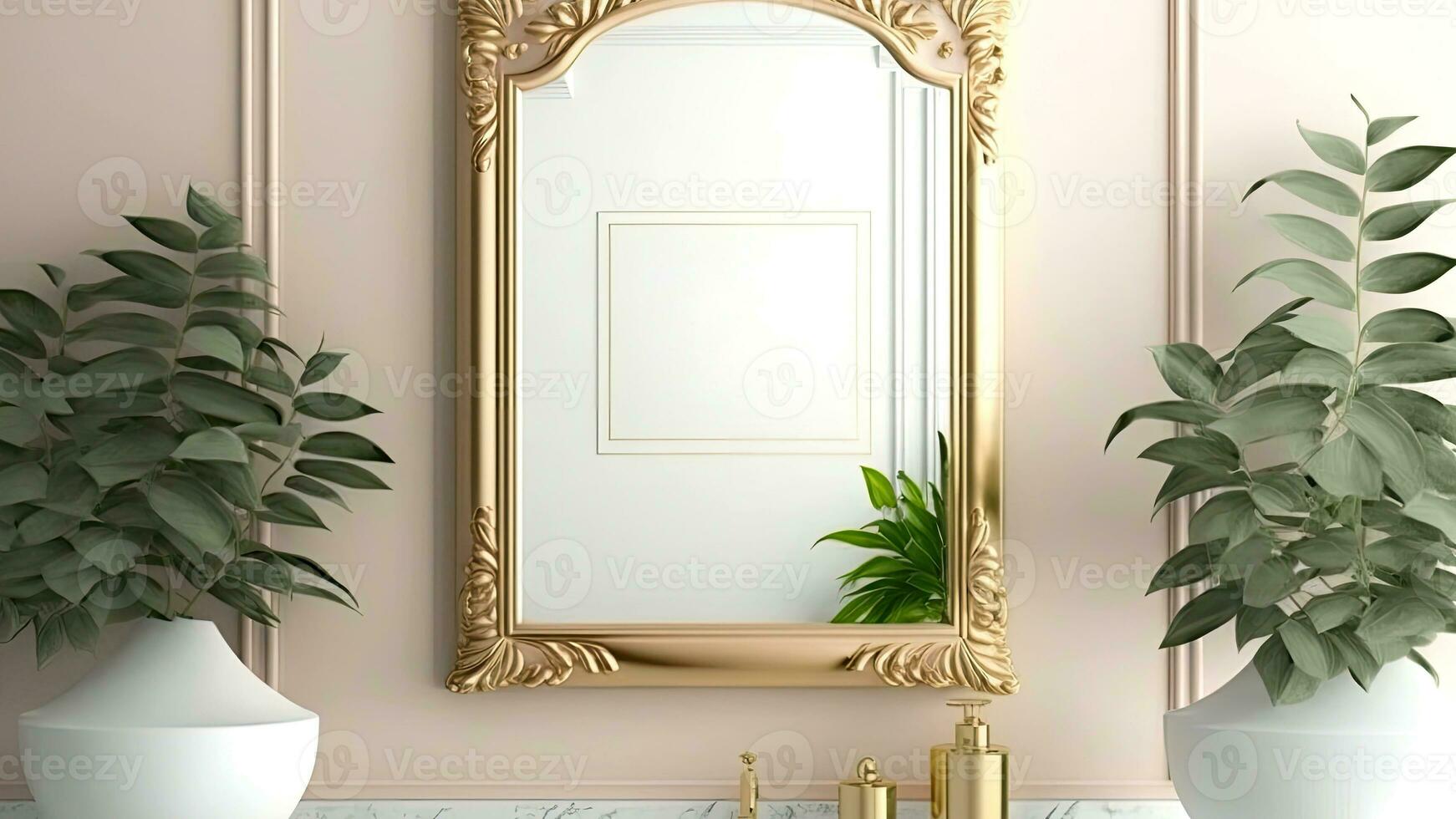 renoverat badrum med en fåfänga skåp, gyllene ram spegel med en se till främre vägg, växter kastruller mot vägg paneler. generativ ai. foto