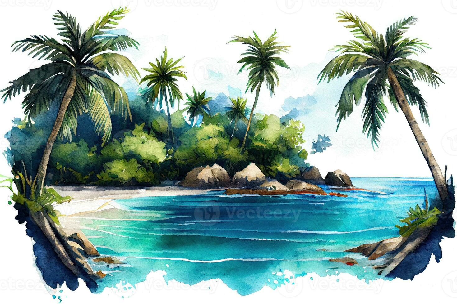 vattenfärg tropisk strand med handflatan träd och blå himmel, ai generation foto