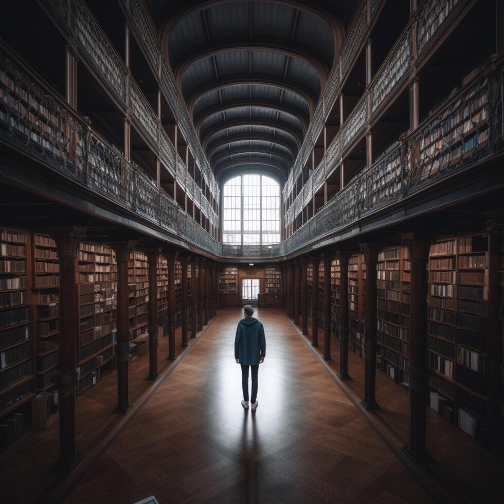 man stående i de mitten av bibliotek ai genererad foto