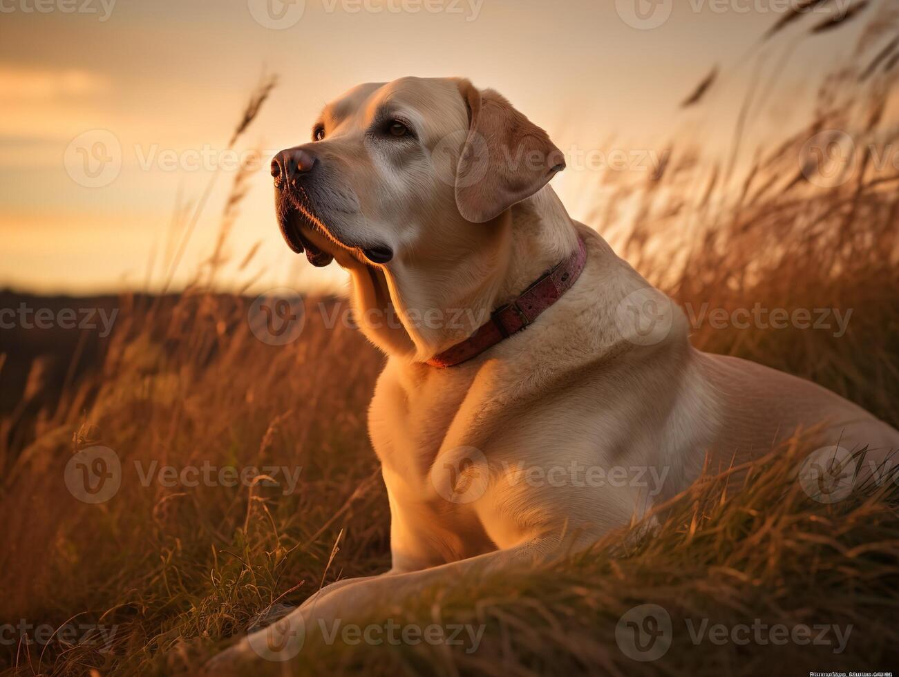 sola i de gyllene solnedgång med en labrador retriever foto