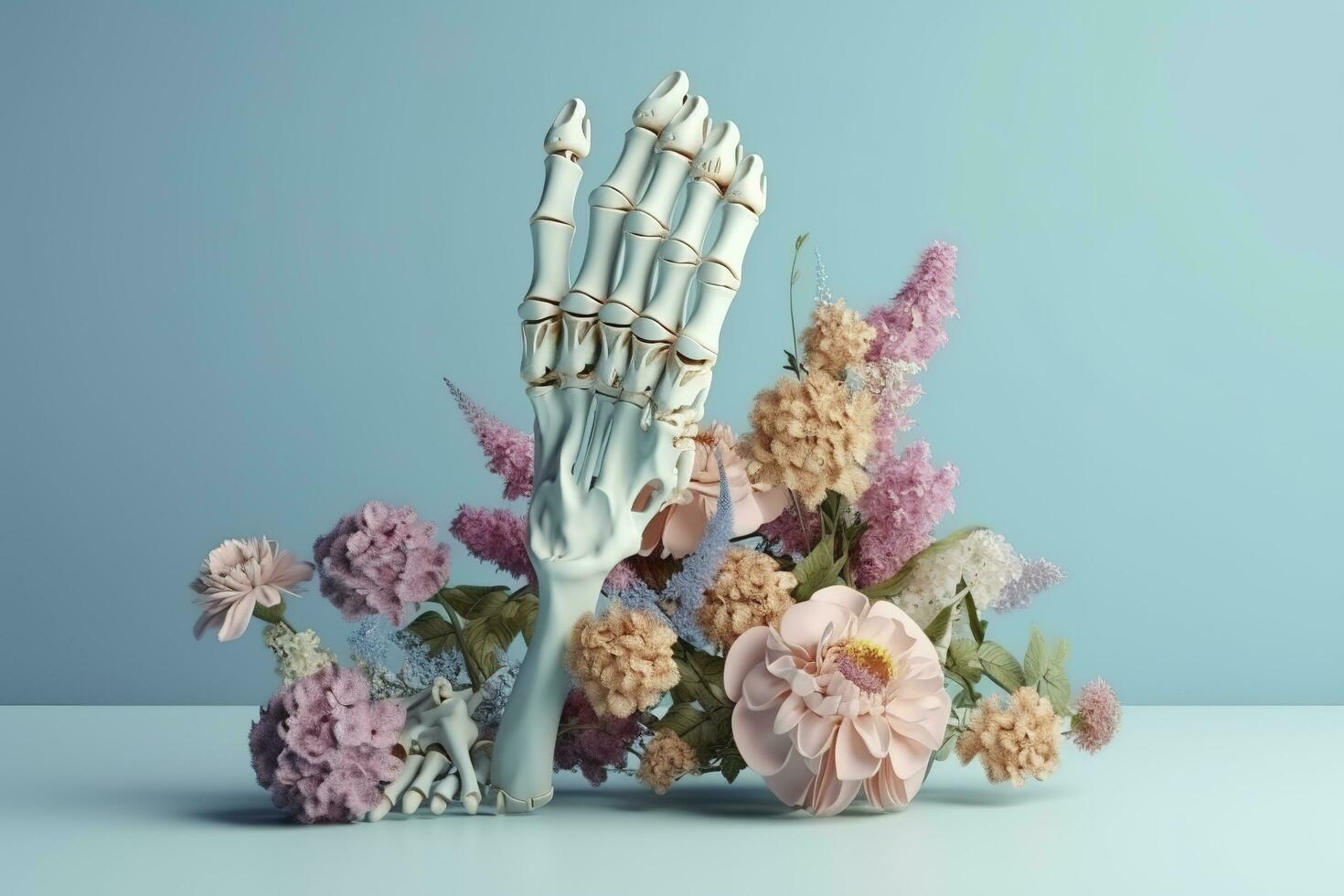 mänsklig hand med blommor, pastell färger, på blå bakgrund, 3d framställa och illustration, generera ai foto