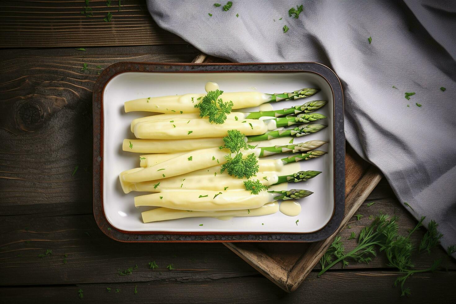 traditionell ångad vit sparris med hollandaise sås och örter som en topp se i ett emalj bricka på ett gammal trä tabell med kopia Plats på de höger, generera ai foto