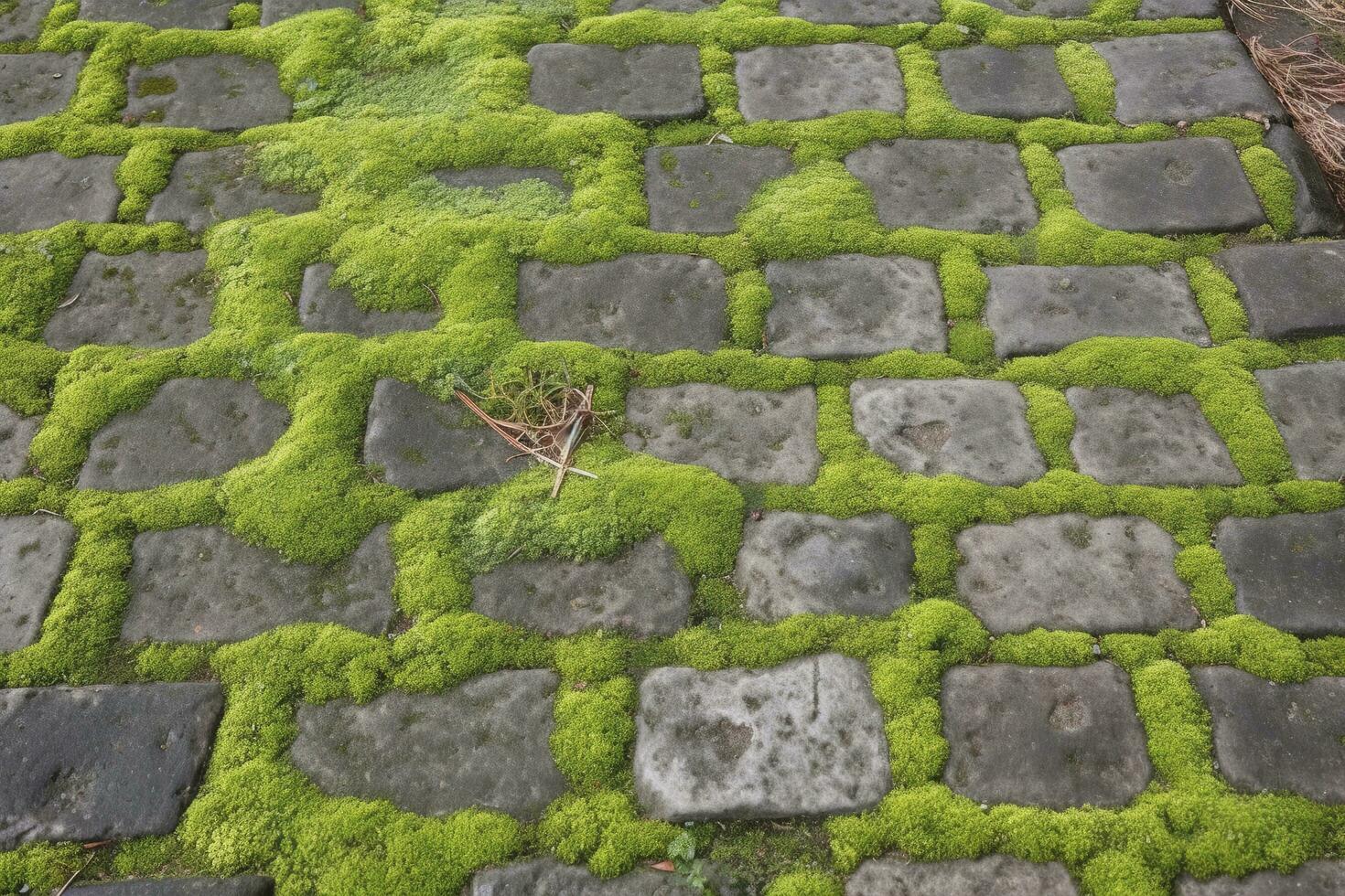 kullerstensbelagd trottoar, grön mossa mellan tegel bakgrund. gammal sten trottoar textur. kullersten närbild med grön gräs i de sömmar. sten asfalterad gångväg i gammal stad foto