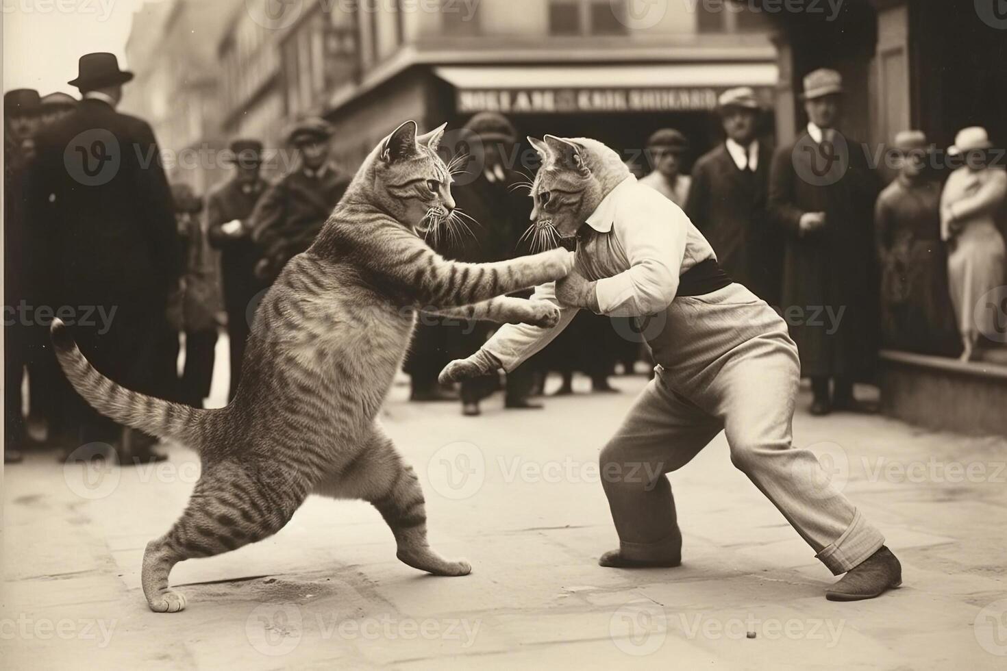 katt brottare bär en brottning kostym stridande i de gata 1920 stil illustration generativ ai foto