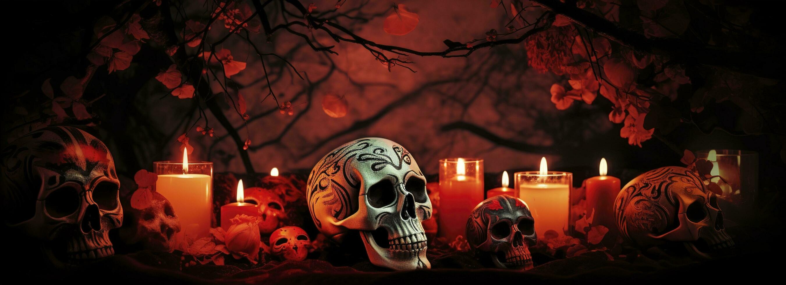 dag av de död- skallar. dia de los muertos. dag av de död- och mexikansk halloween bakgrund. mexikansk tradition festival. dag av de död- socker skalle. dia de los muertos, generera ai foto