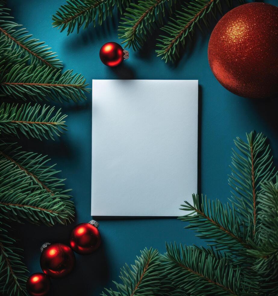 tömma papper på jul grön bakgrund med gran. illustration ai generativ foto