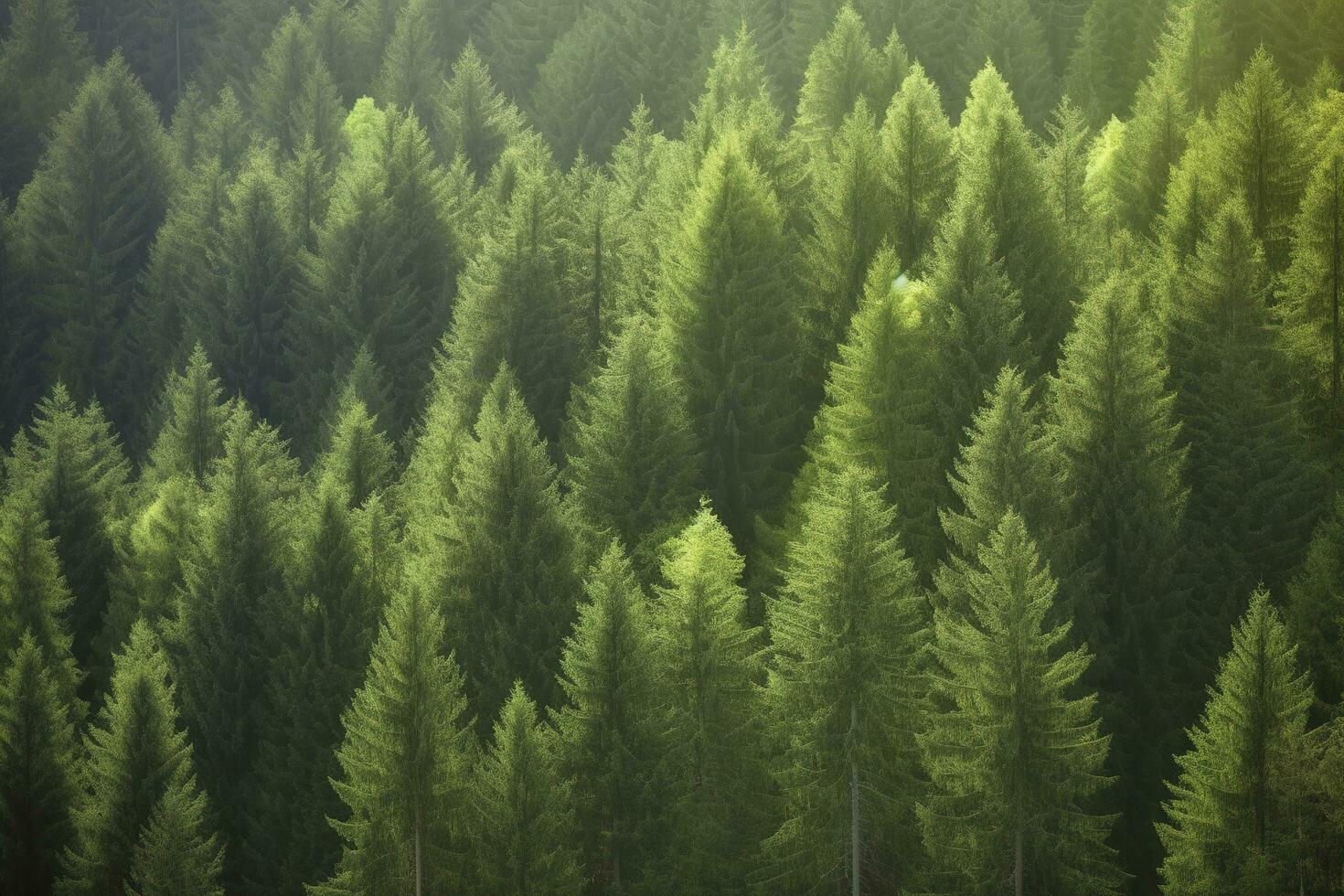 friska grön träd i en skog av gammal gran, gran och tall, generera ai foto