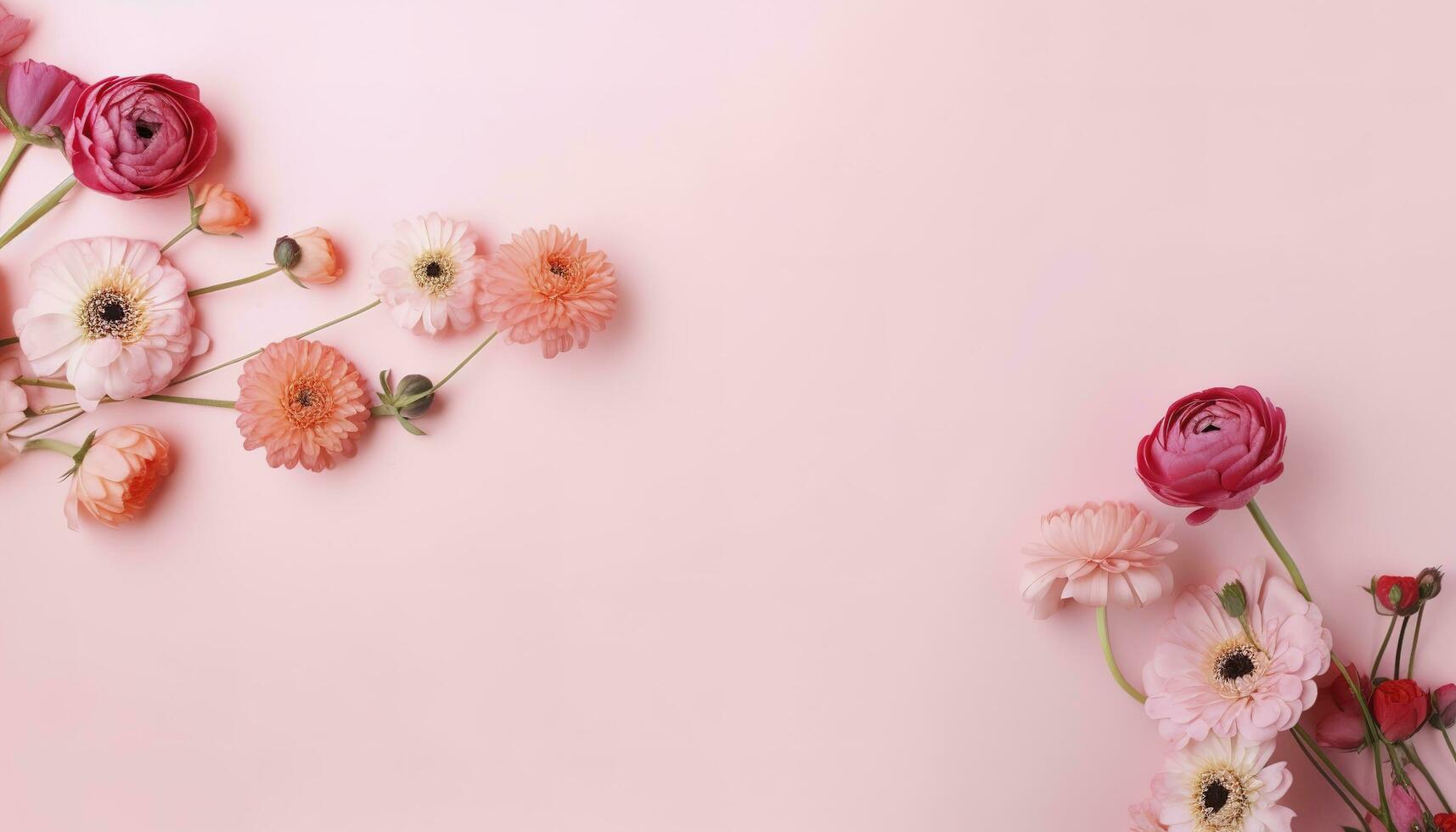 topp se bild av rosa blommor sammansättning över pastell bakgrund , generera ai foto