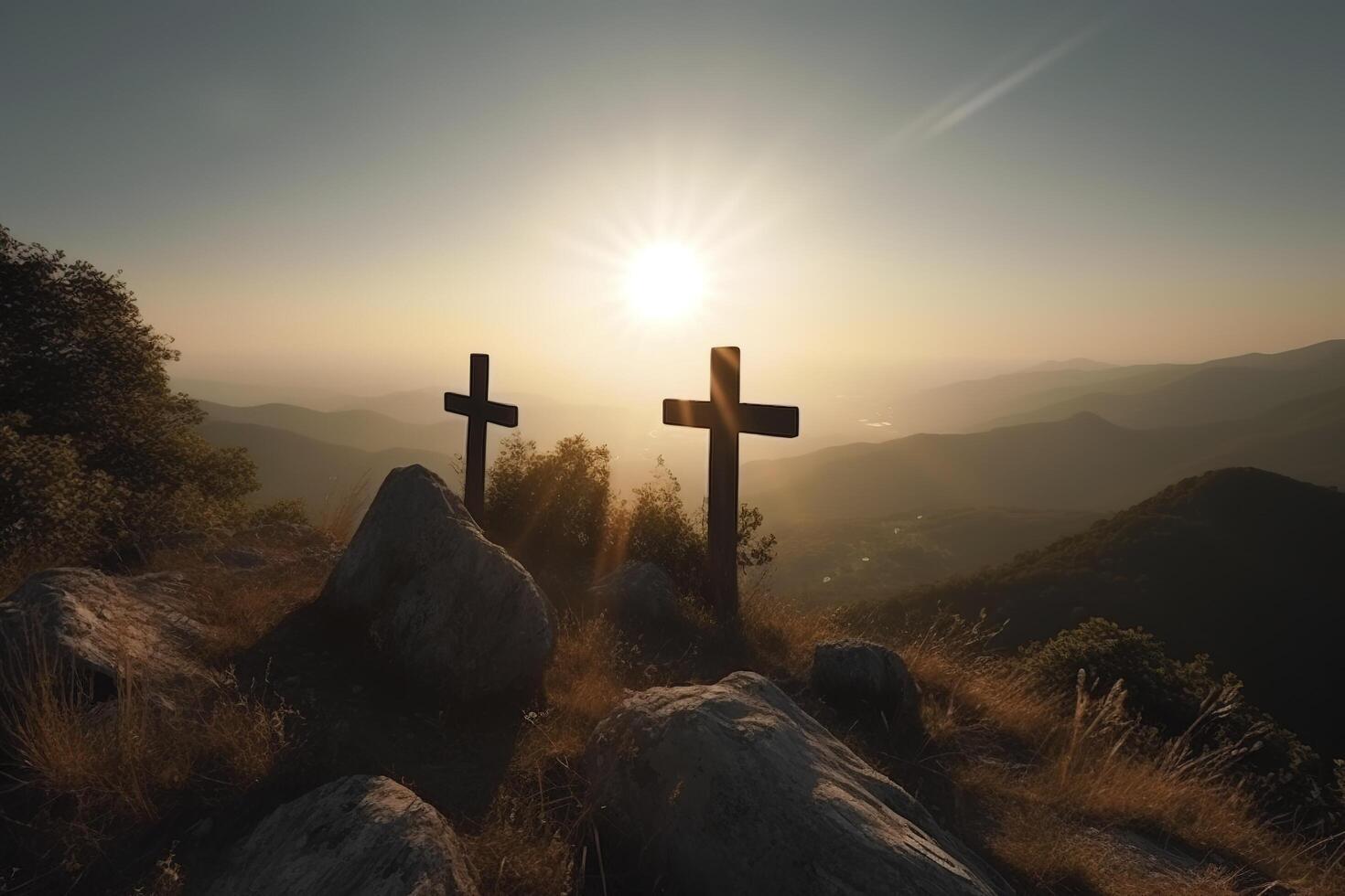 tre korsa på de berg med Sol ljus, tro, tro och andlighet, crucifixion och uppståndelse av Jesus christ på påsk, generativ ai foto