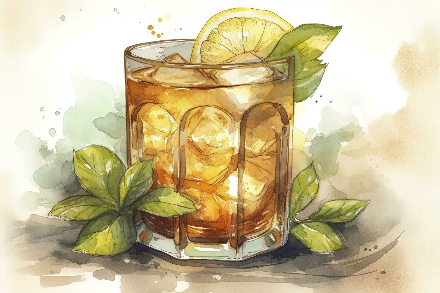 gammal fashioned cocktail i en stenar glas med en luxardo körsbär vattenfärg illustration isolerat på vit bakgrund, generera ai foto