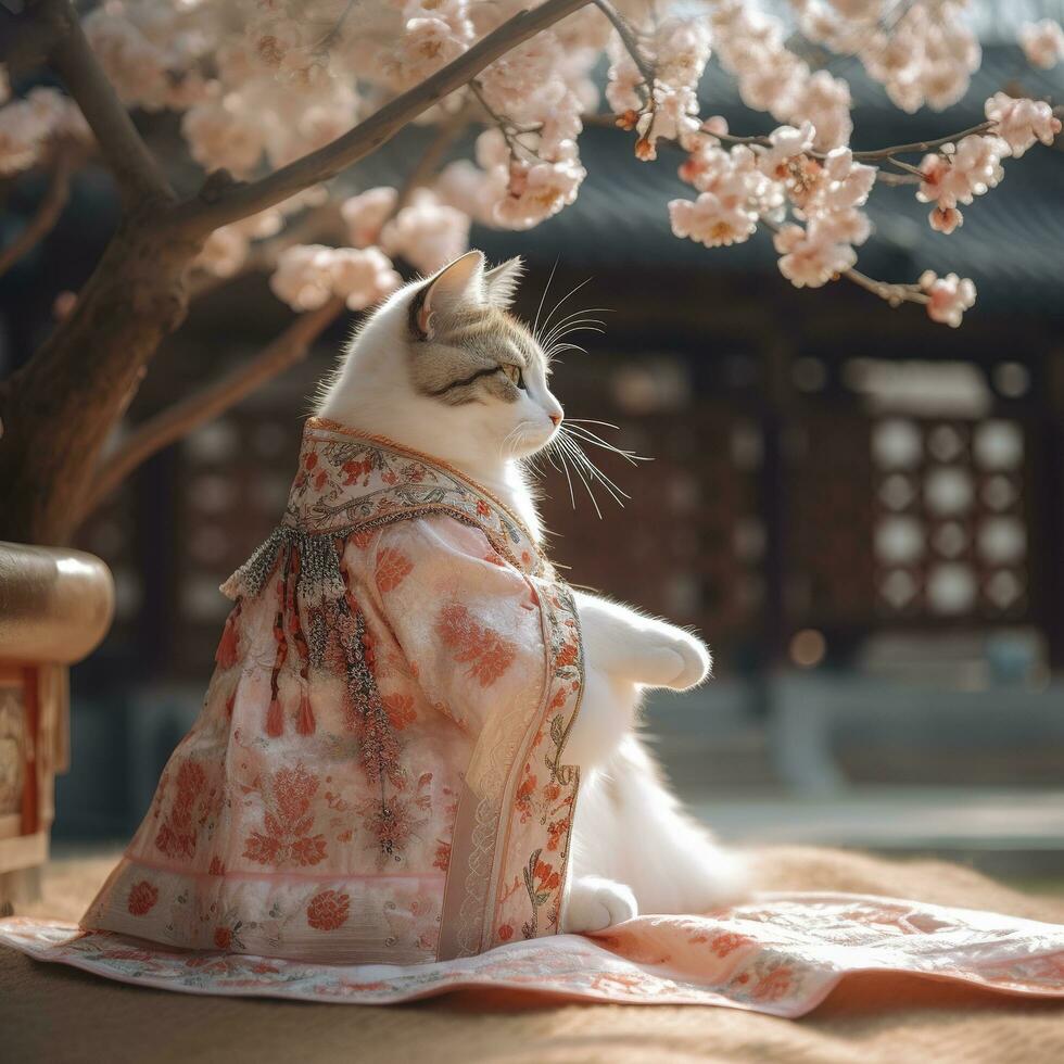 en söt miniatyr- kattunge i en underbar kinesisk klänning, sjal bröllop klänning, chiffong material, golv - längd kjol med broderi och spets, generera ai foto