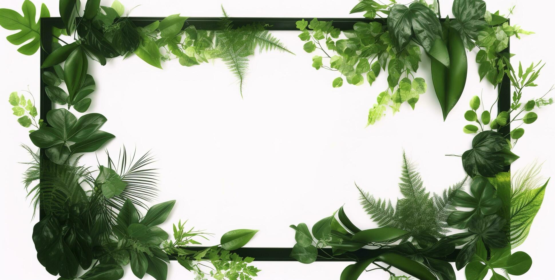 grön växt och löv ram isolerat på vit bakgrund, för bröllop inbjudningar och hälsning kort, generera ai foto