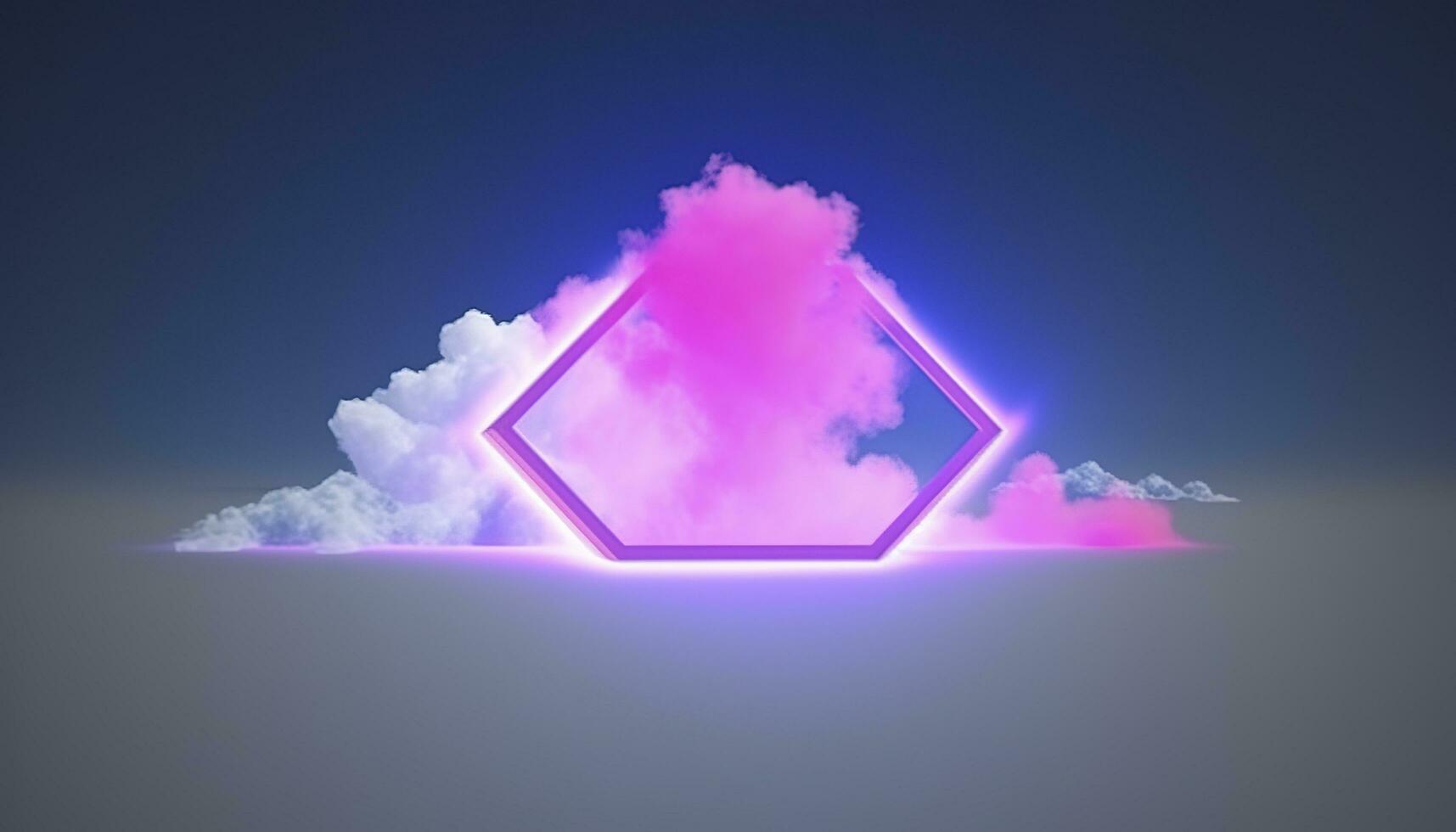 3d framställa, abstrakt minimal bakgrund med rosa blå gul neon ljus fyrkant ram med kopia Plats, upplyst stormig moln, lysande geometrisk form, generera ai foto