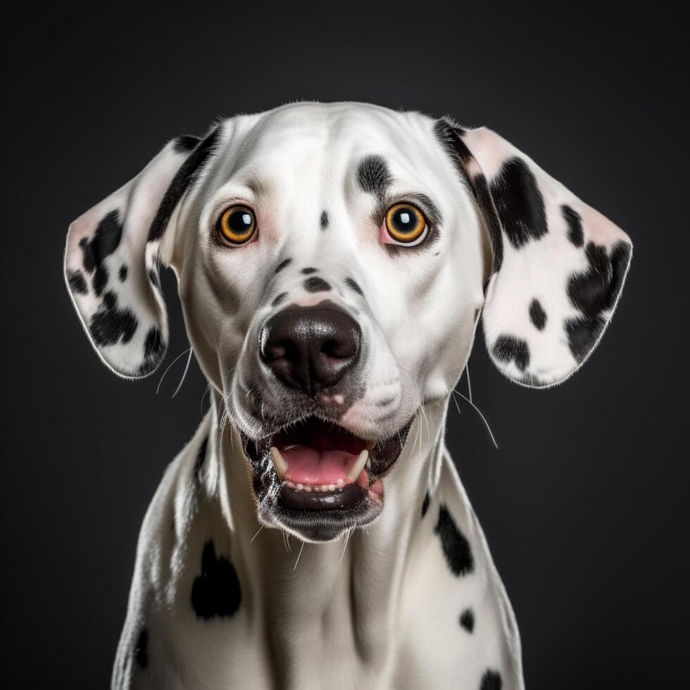 porträtt av dalmatian hund med överraskad ansikte ai genererad foto