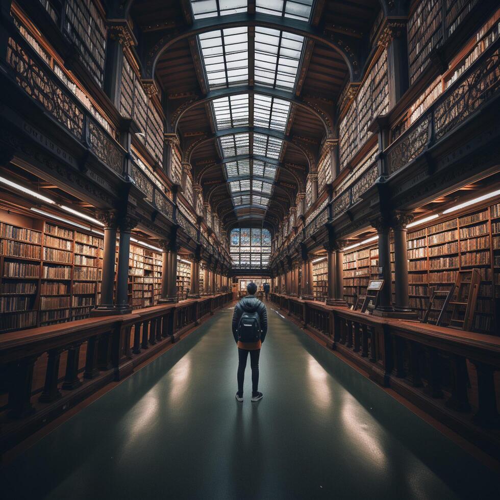 man stående i de mitten av bibliotek ai genererad foto