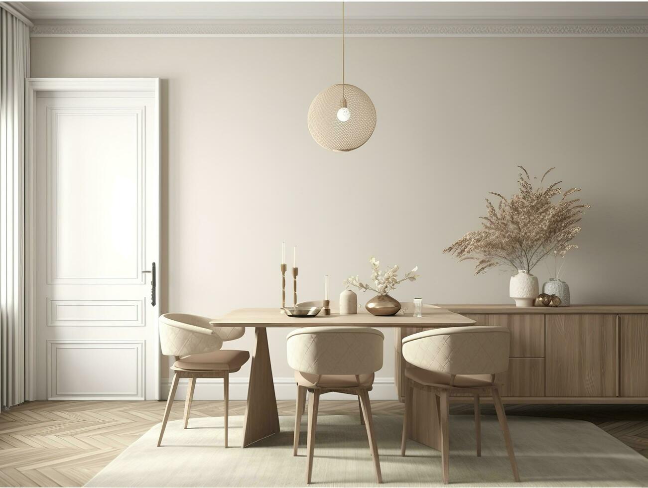 mysigt dining rum interiör i beige, 3d framställa, generera ai foto