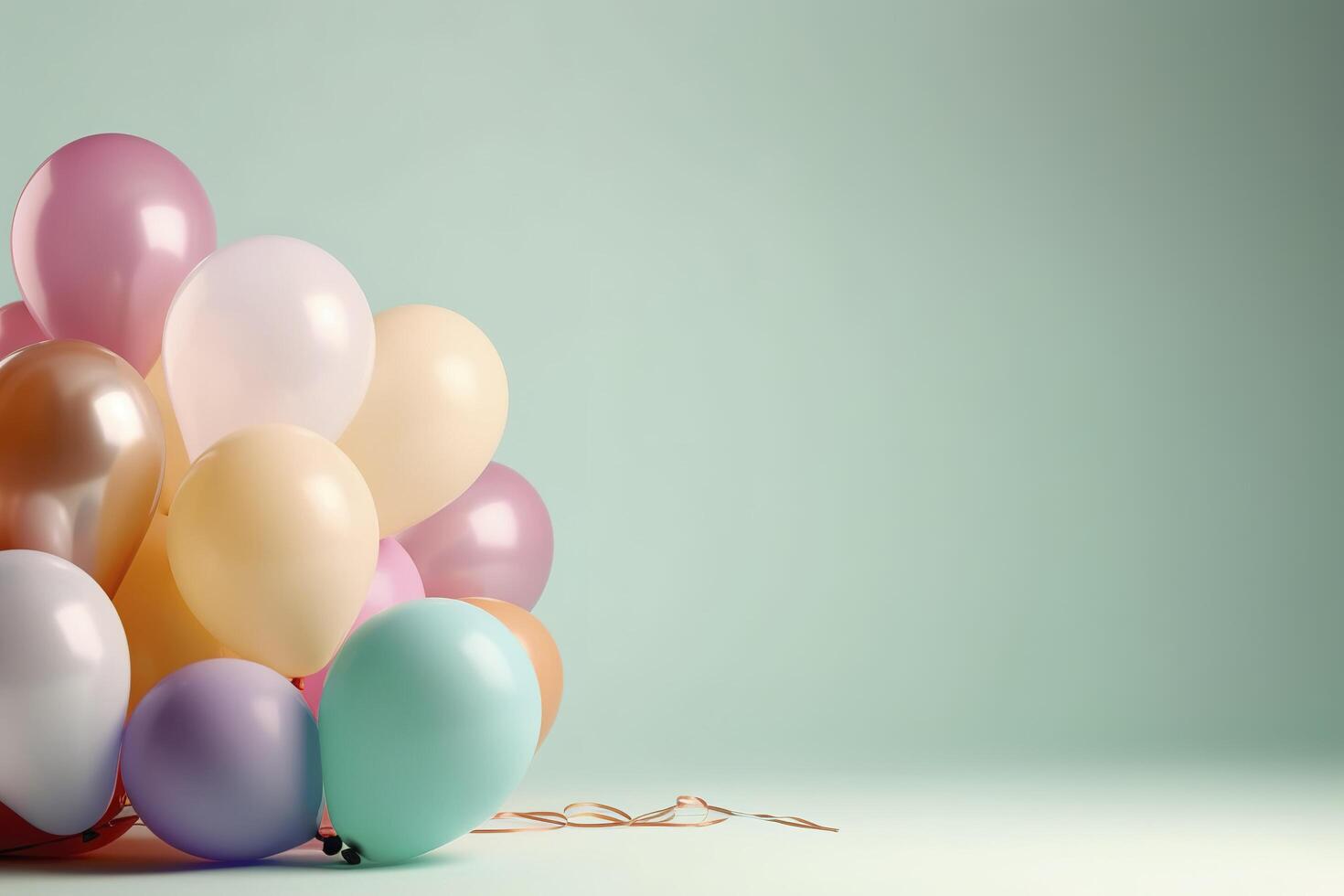 färgrik helium ballonger på ljus pastell bakgrund med fri Plats för text. födelsedag firande, bröllop eller bebis dusch dekor. kreativ aning för fest och firande, hälsning kort. ai genererad. foto